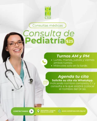 #ConsultaCSSI

Para solicitar cupo, debe enviar un mensaje vía WhatsApp al 📲 0412-755-47-56.

👉🏻 Indicando: Nombre y apellido, edad, cédula del paciente, especialidad.

RECUERDE ⚠️:

👉 No duplicar el mensaje, ya que el sistema lo anula automáticamente.

👉 Nuestros números de WhatsApp NO aceptan llamadas.

👉Si desea asistir con algún médico en específico por favor indiquelo en el mensaje.

👉 Para información extra puede revisar nuestra página web (www.santainesucab.org.ve/precios/), link directo en la biografía.

La respuesta llegará en un lapso de 24 a 72 horas hábiles.

Estamos para servir.