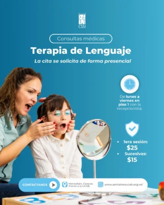 #ConsultaCSSI

La cita para la Terapia de Lenguaje se solicita de forma presencial en piso 1 con la recepcionista.

👉 Para mayor información puede revisar nuestra página web (www.santainesucab.org.ve/precios/), link directo en la biografía.

Estamos para servir.