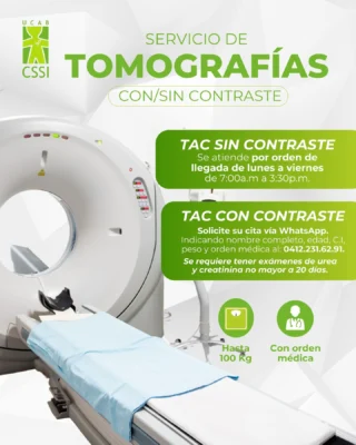 #InformaciónImportante

🏥 A nuestros pacientes les informamos las modalidades de citas para tomografía.

• Tomografías simples: por orden de llegada de lun a vie a las 7:00 a.m con la ORDEN MÉDICA.

• Tomografías con contraste: envíe un WhatsApp indicando: Nombre y apellido, Edad, Cédula, Peso en Kg, Imagen legible de la orden médica. Al: 0412-231-62-91. Debe tener exámenes de urea y creatinina no mayor a 20 días para poder realizarlo.

‼️ Peso máx 100kg.
‼️ Indispensable la orden médica.

📲 Enlace al WhatsApp en nuestro perfil.

Estamos para servir💚.
